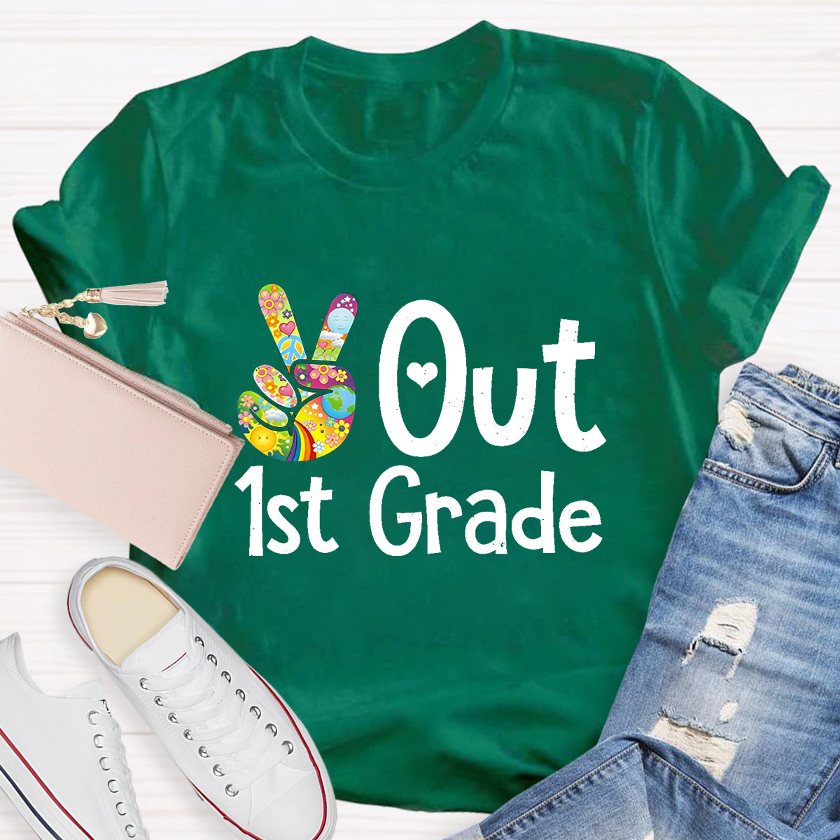 Personalized Grade Out 1st Grade Hand Signal Teacher T-Shirt
