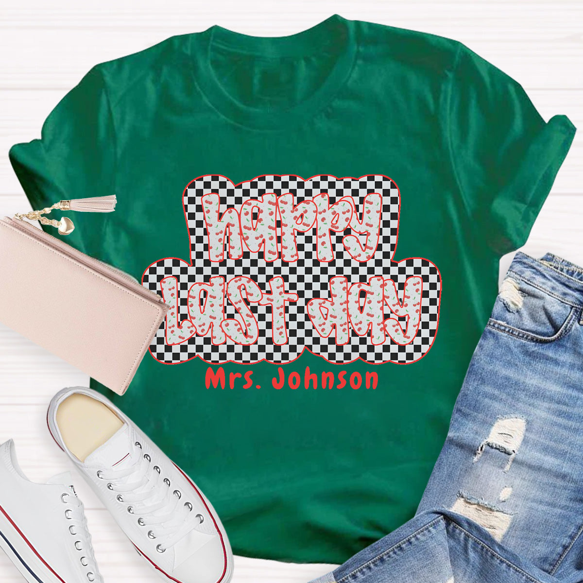 Personalized Name Happy Last Day Checkerboard T-Shirt
