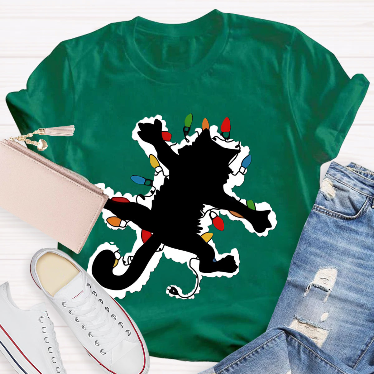 Pussy Cat And Lights Christmas T-Shirt