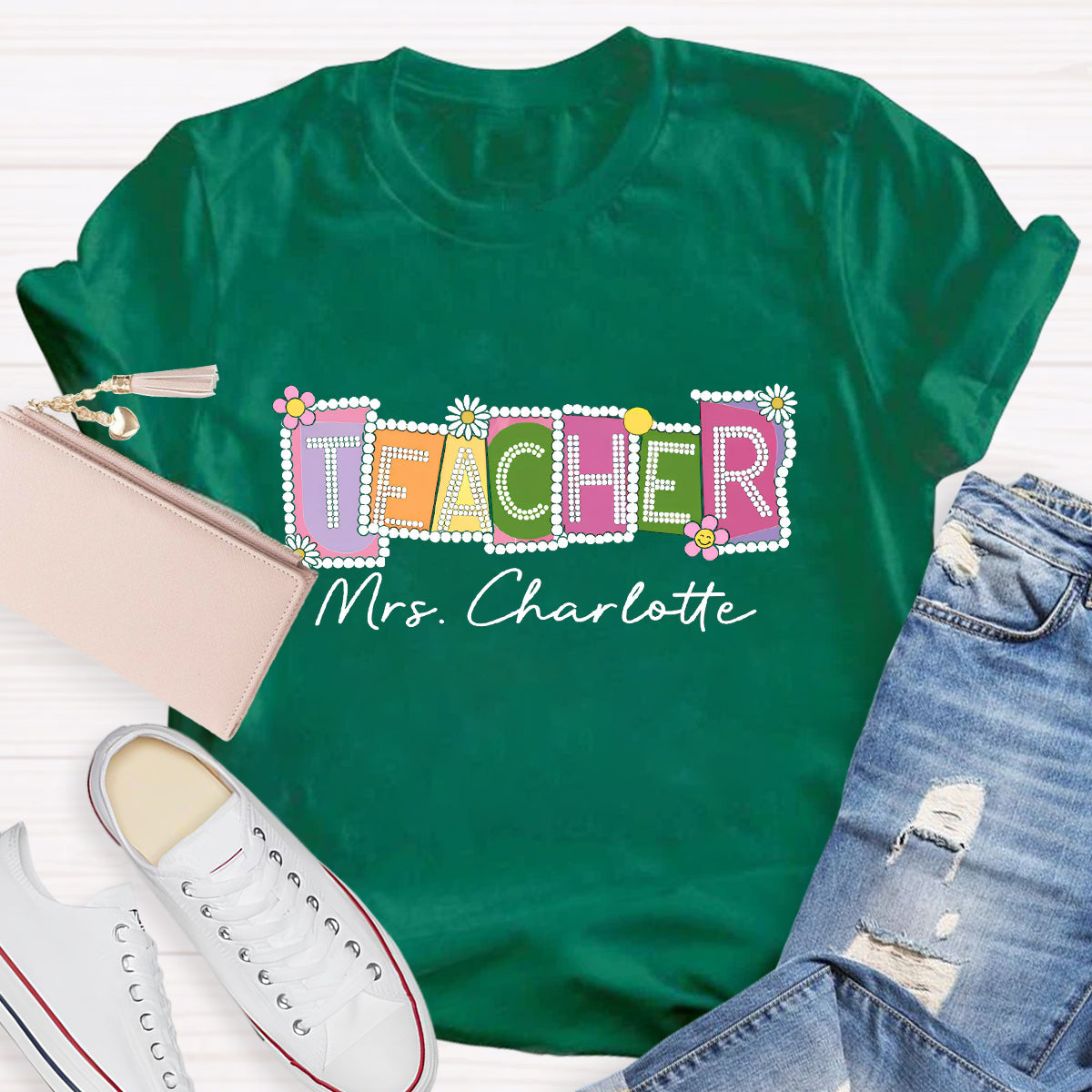 Personalized Teacher Name Contrasting Flowers T-Shirt