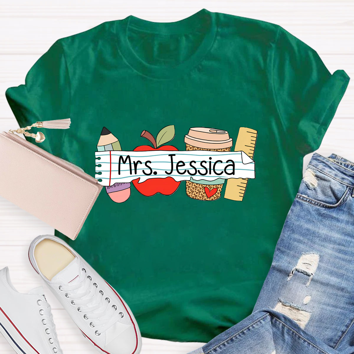 Personalized Teacher's Name Apple Pencil Coffee T-Shirt