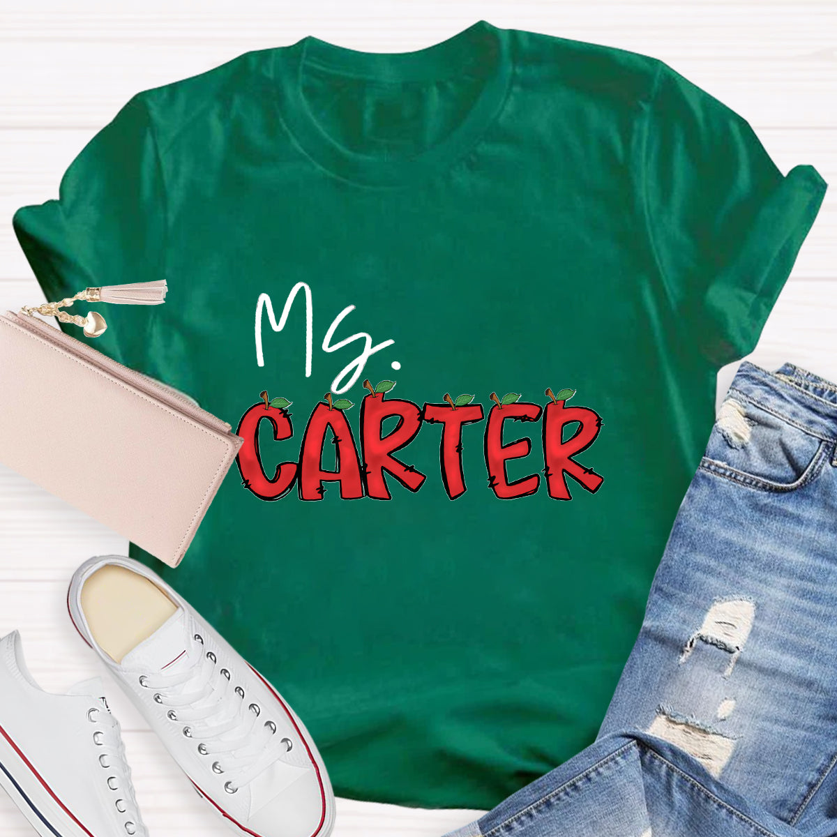 Personalized Teacher's Name Red Apple Letter T-Shirt