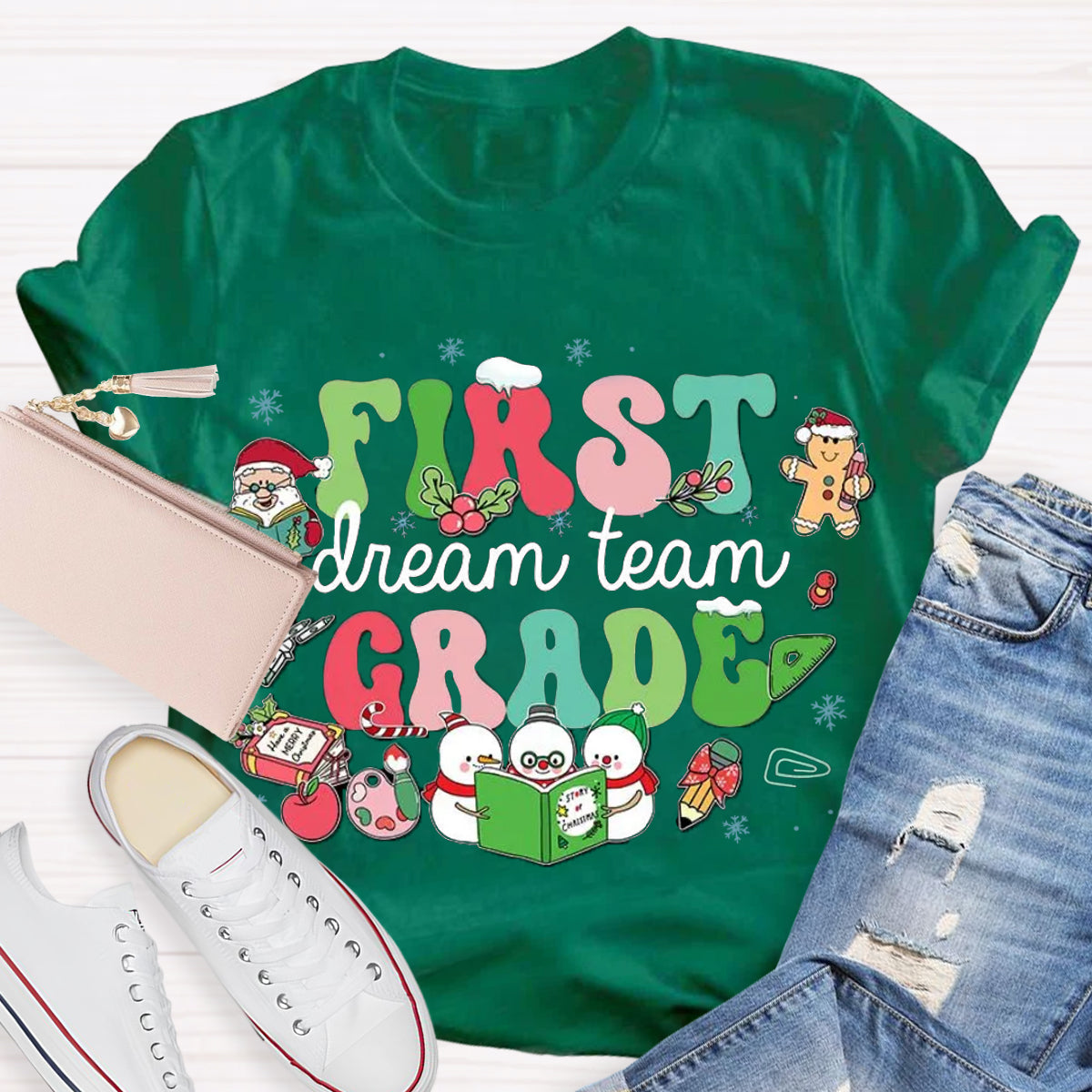 Personalized Grade Dream Team Christmas Snowman Reading A Book T-Shirt