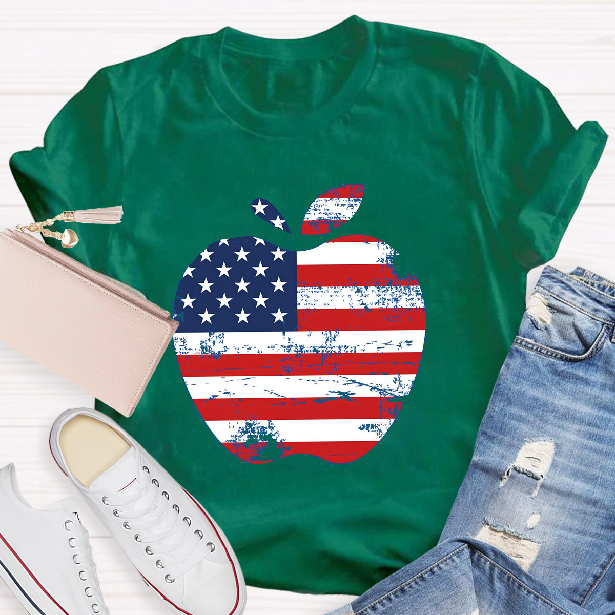 US Flag Apple Teacher T-Shirt