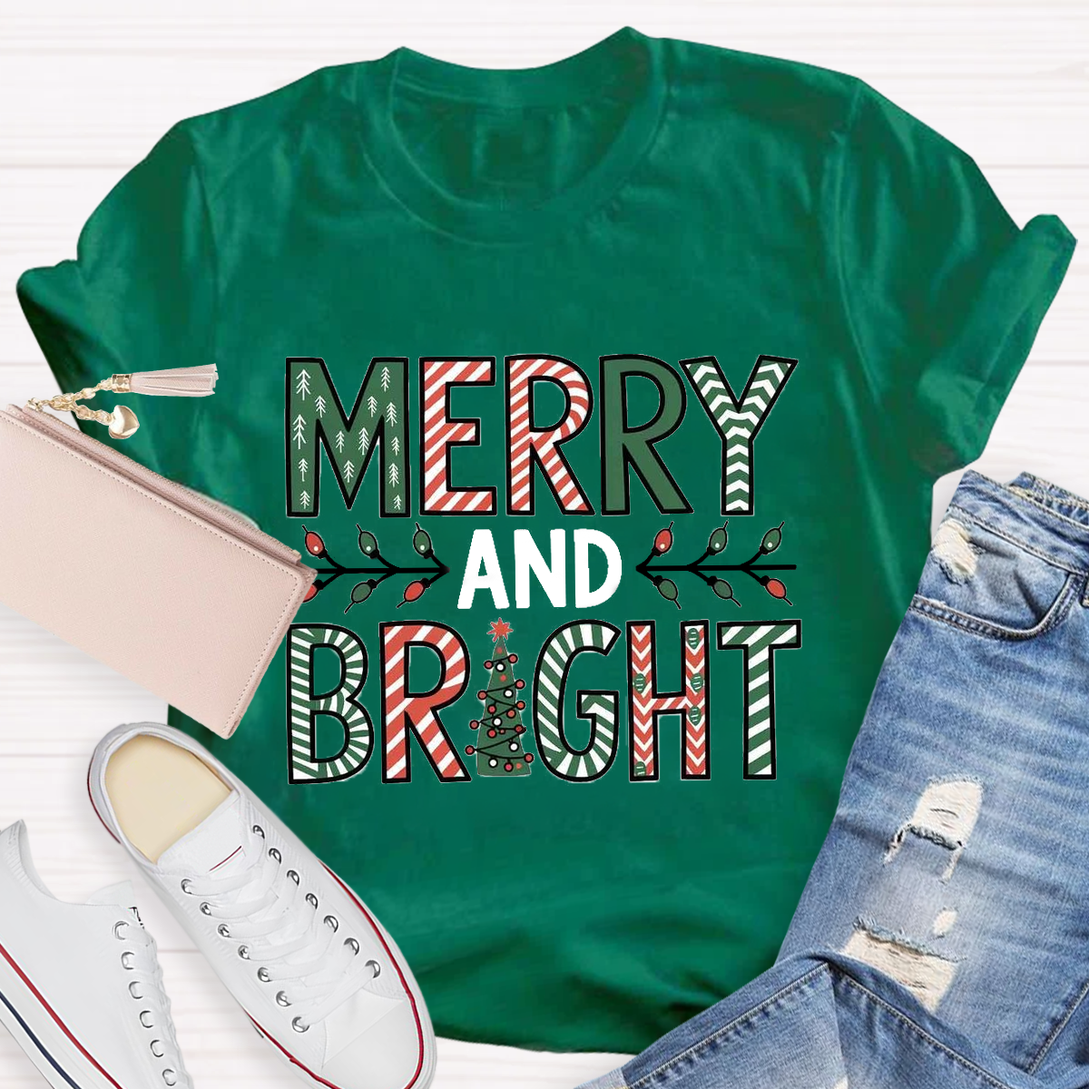 Merry And Bright Christmas Tree Teacher T-Shirt