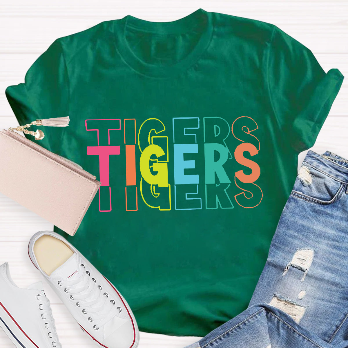 Personalized Mascot Tigers Colorful Letters Teacher T-Shirt