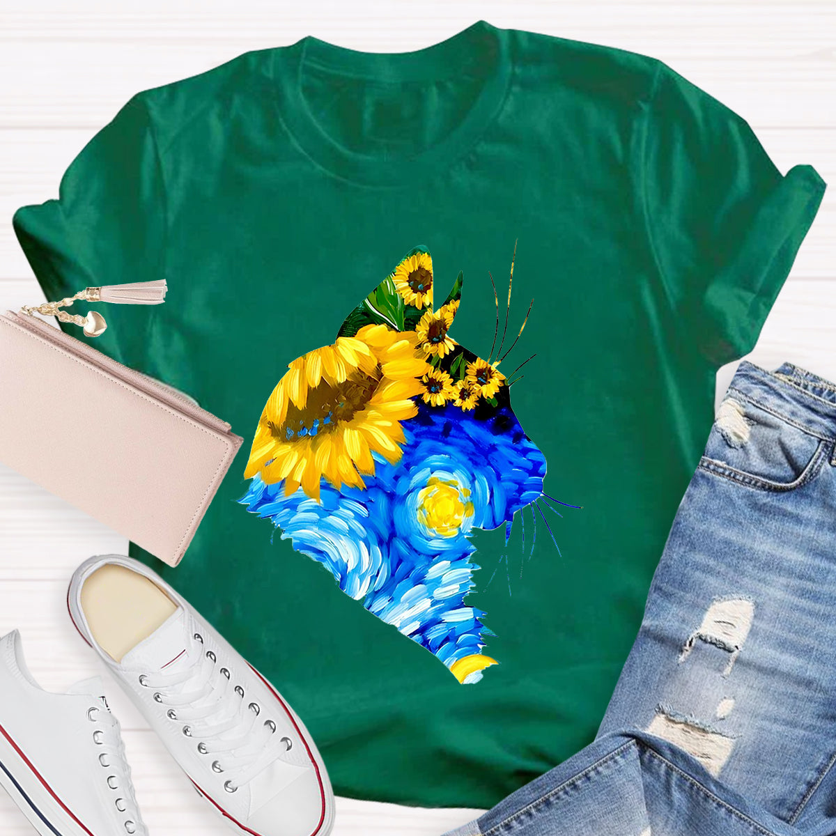 Art Sunflower Cat Teacher T-Shirt
