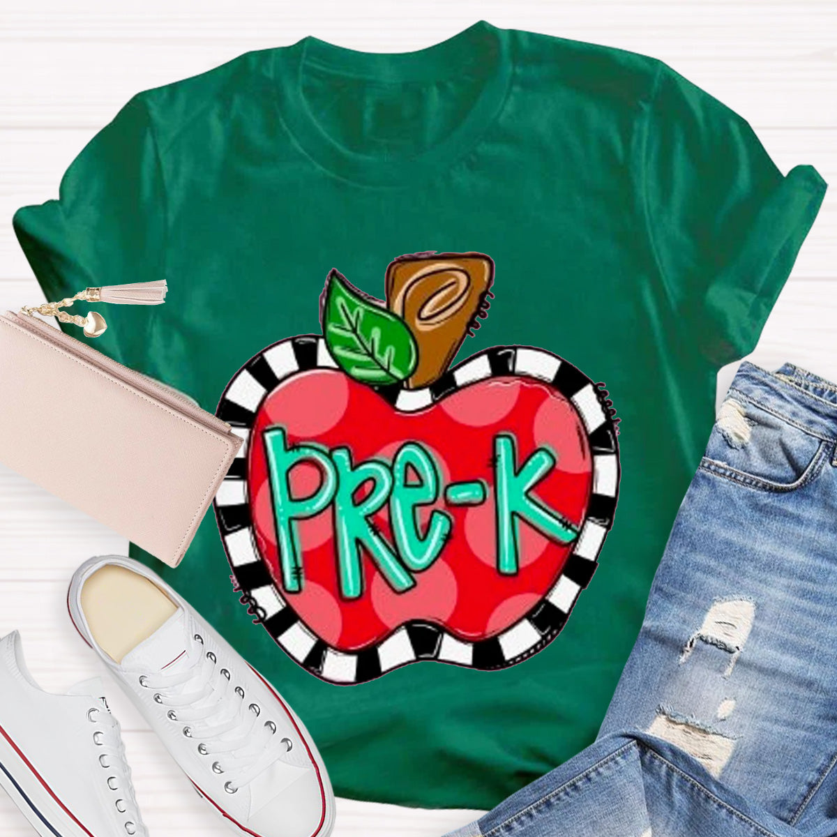 Personalized Grade Teacher Color Block Apple Printed T-Shirt