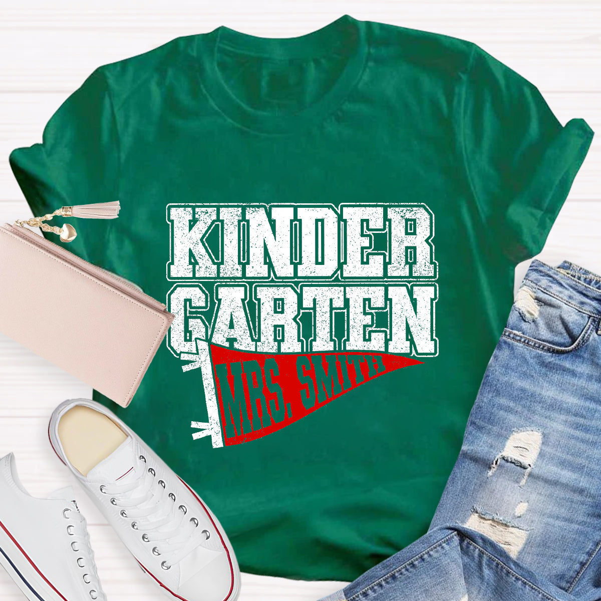 Personalized Grade And Name Flag Shaped Print Teacher T-Shirt