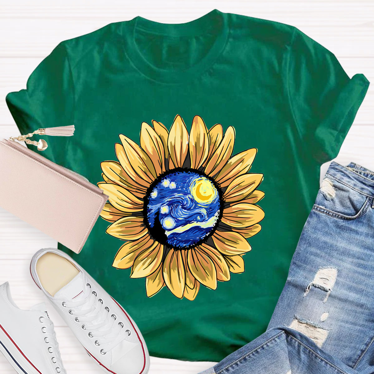 Starry Sky Art Sunflower Teacher T-Shirt