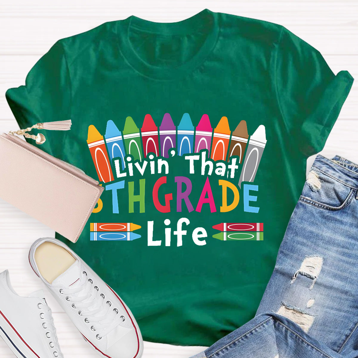 Personalized Grade Livin That 5th Grade Life Teacher T-Shirt