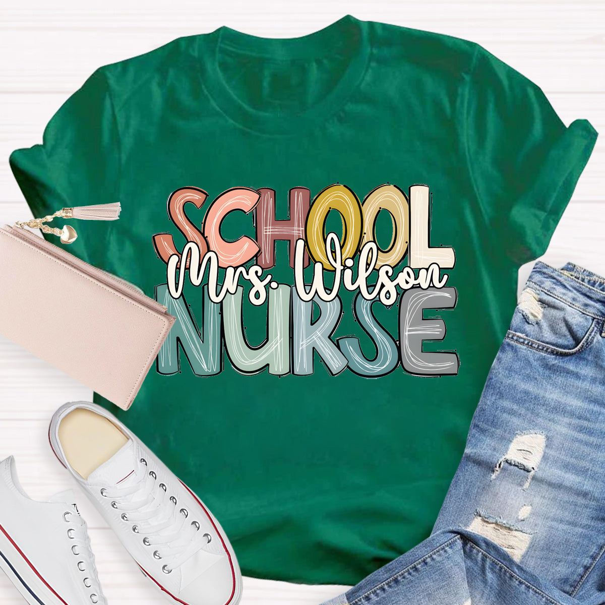 Personalized School Nurse Name Colorful Letter T-Shirt