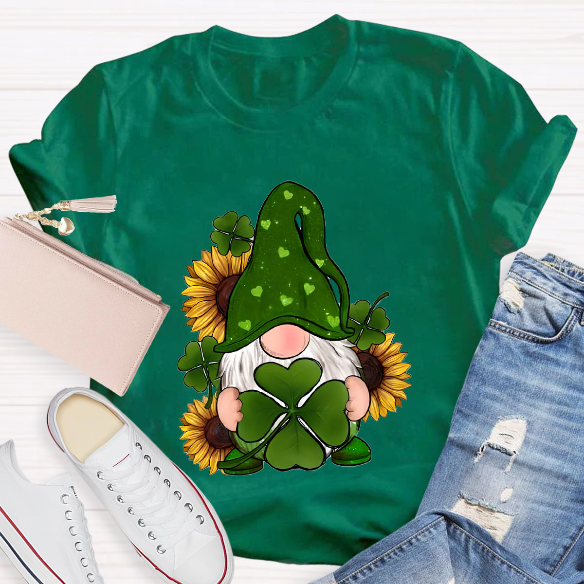 St. Patricks Day Gnome With Sunflowers Teacher T-Shirt