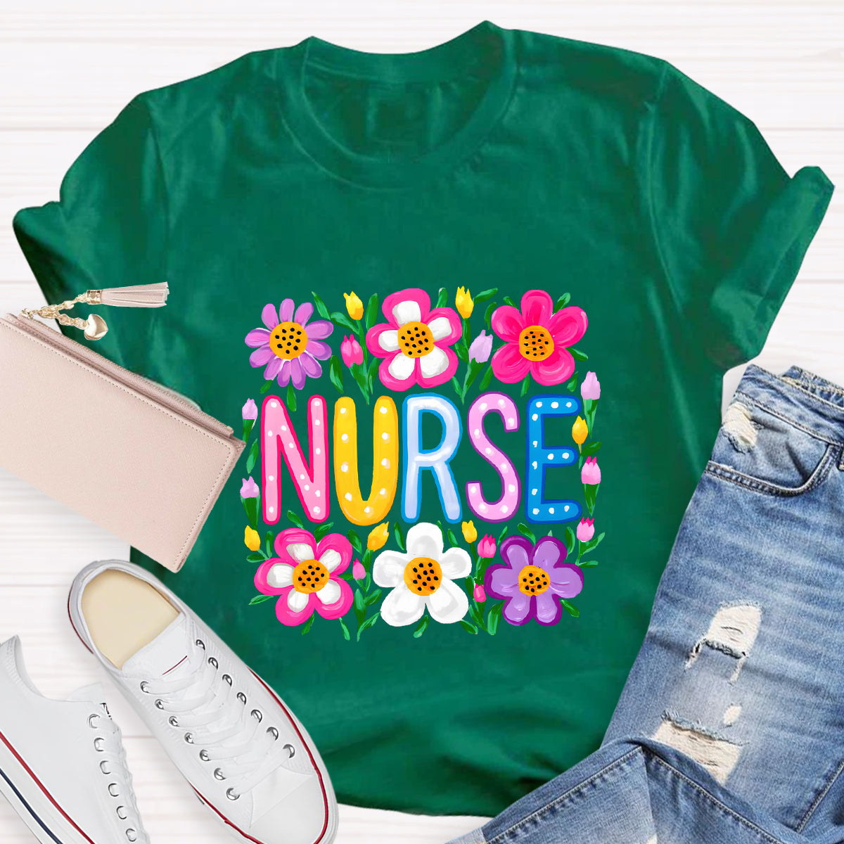 Floral School Nurse T-Shirt