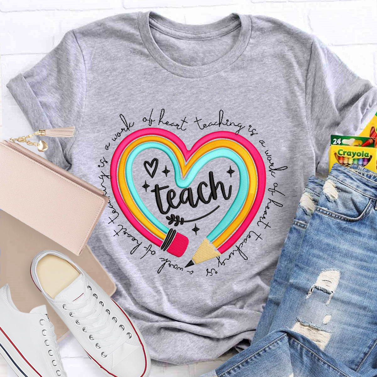 Teach Is A Work Of Heart Rainbow Pencil Teacher T-Shirt