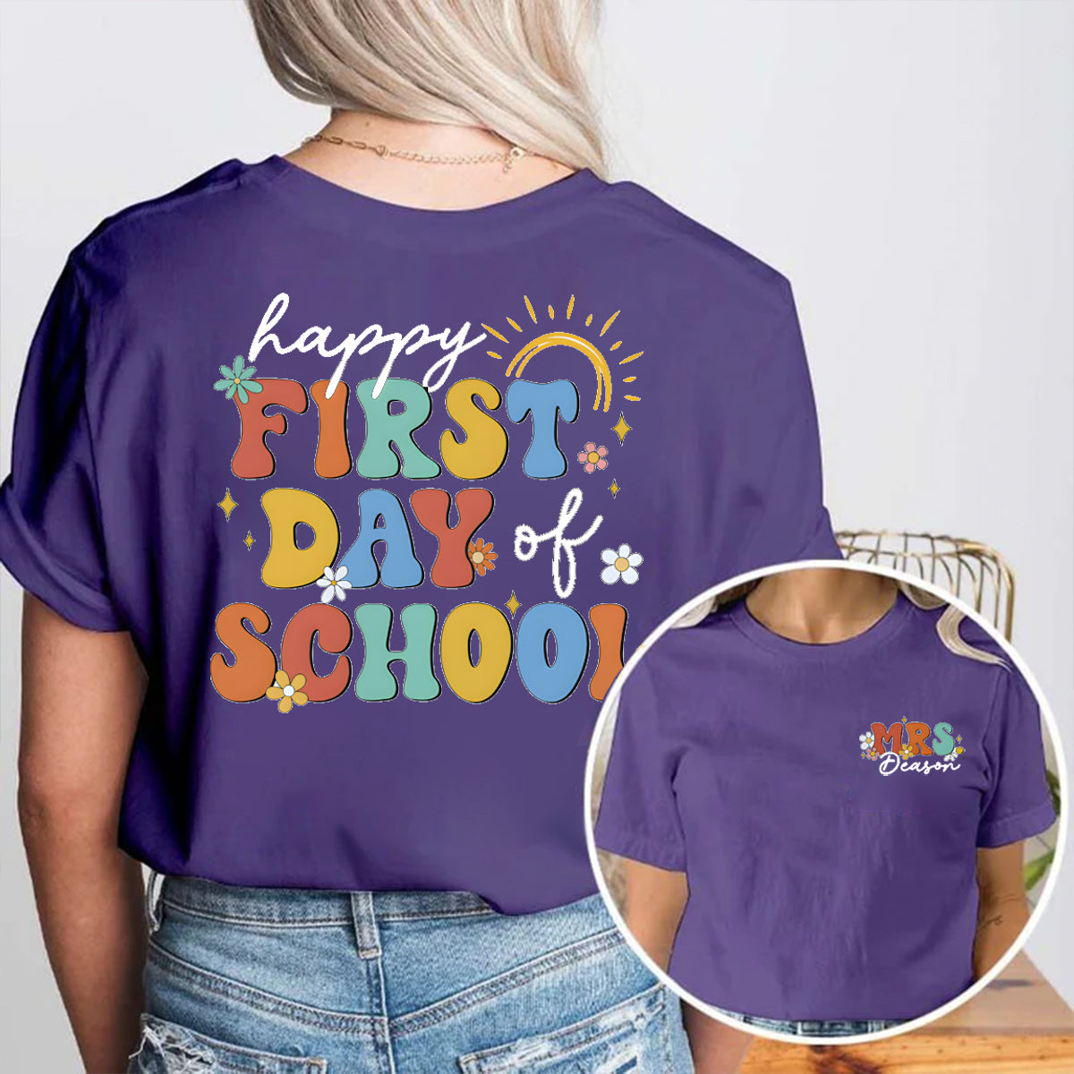 Personalized Name Happy First Day Of School Double Printed T-shirt