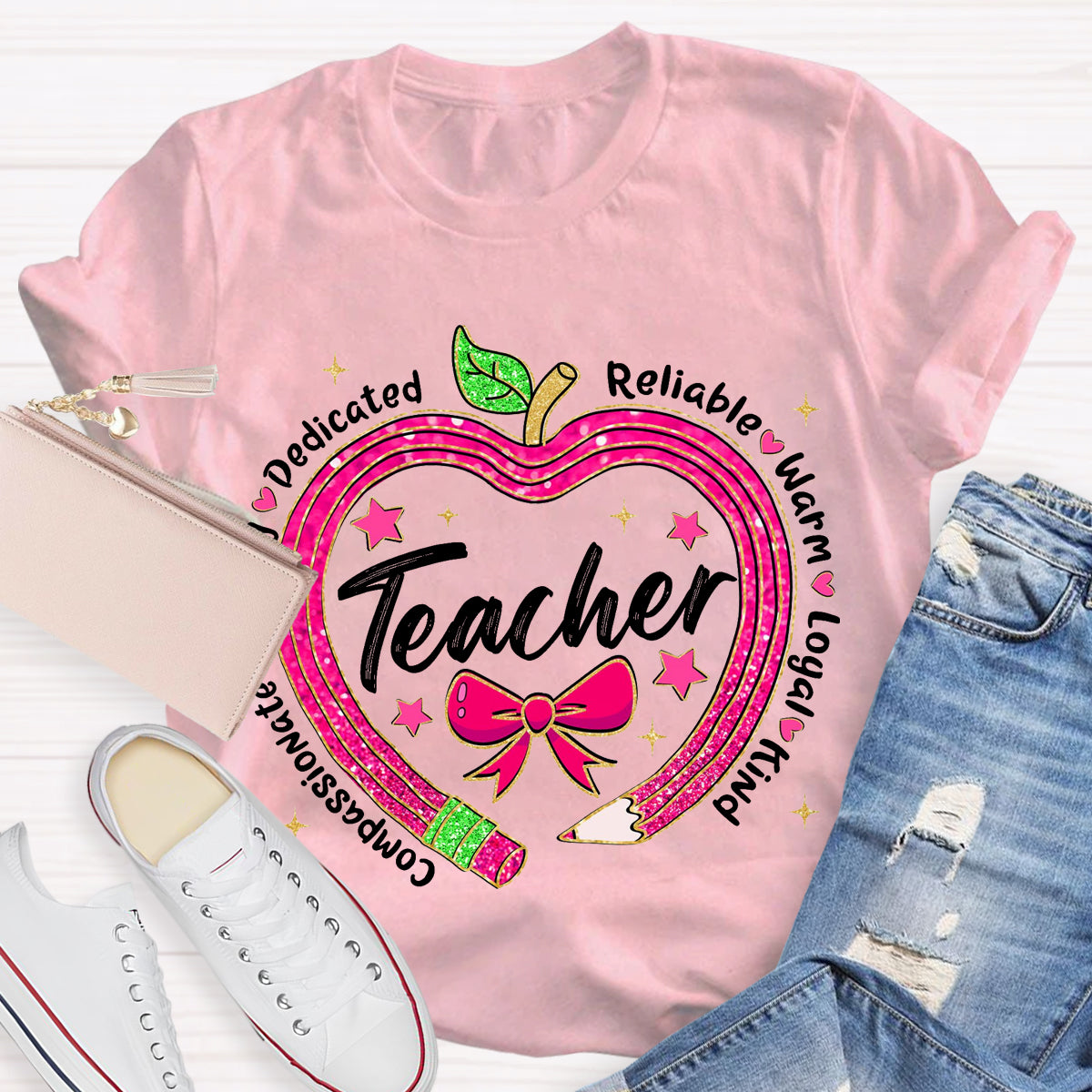 Reliable Warm Glitter Apple Pencil Heart Teacher T-Shirt