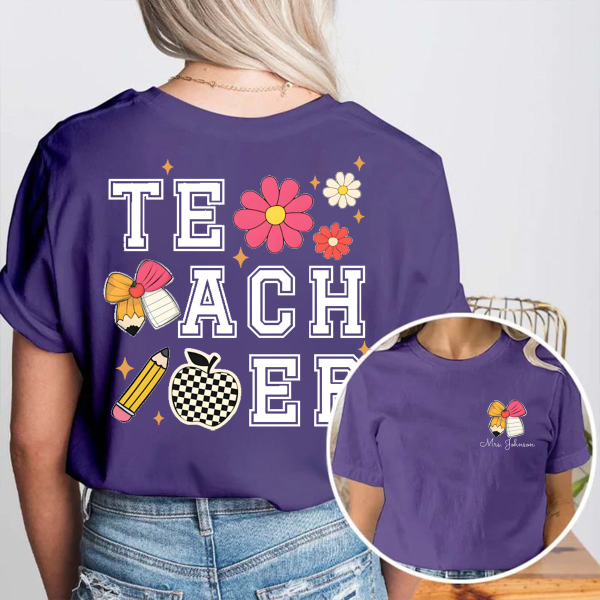 Personalized Name Pink Apple Bow Double Printed T-shirt