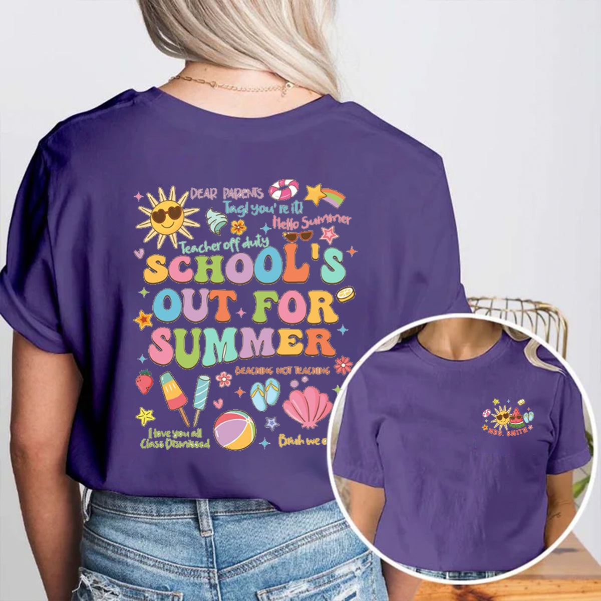 Personalized Name School's Out For Summer Double Printed T-shirt