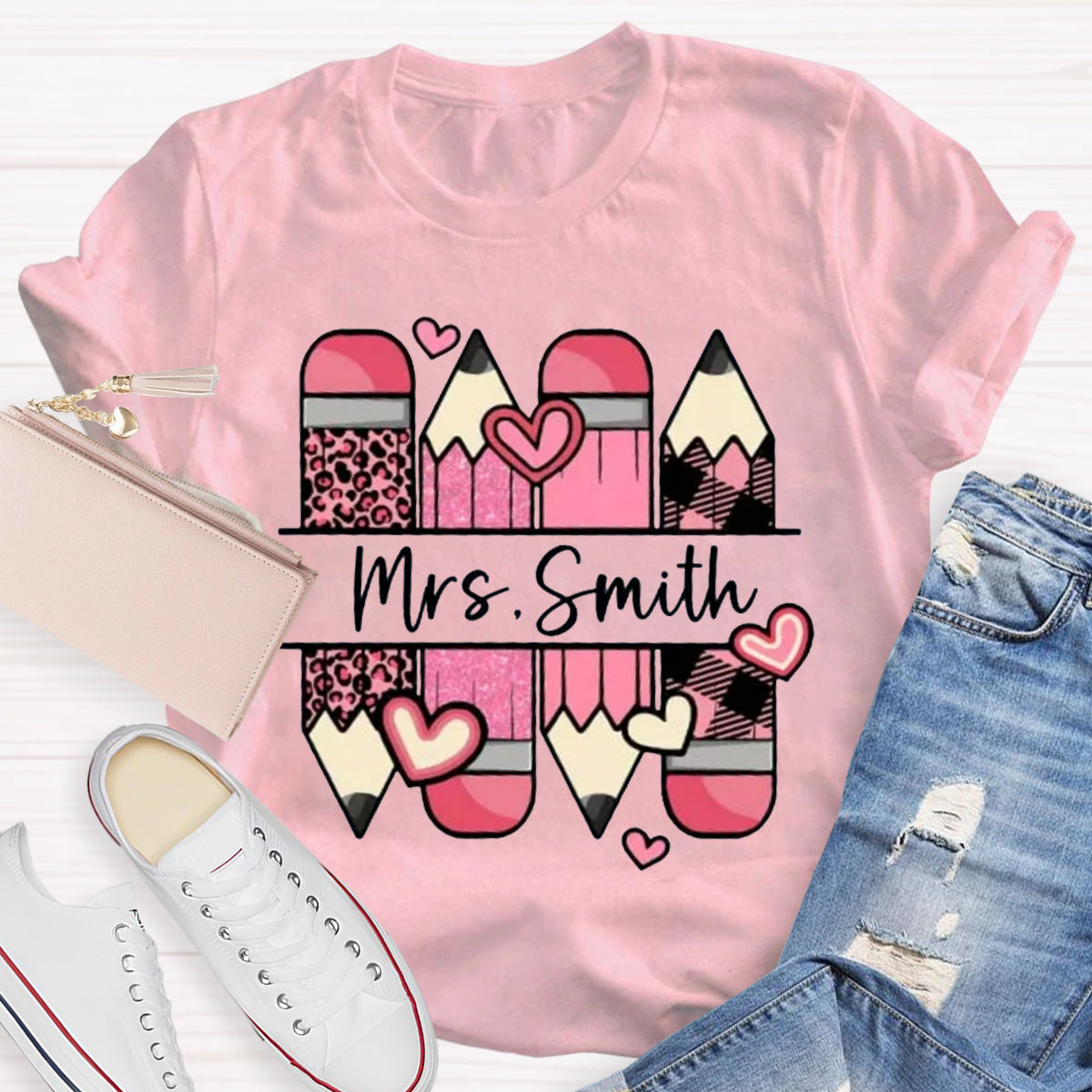 Personalized Name Pink Pencil Heart Mrs Smith T-Shirt