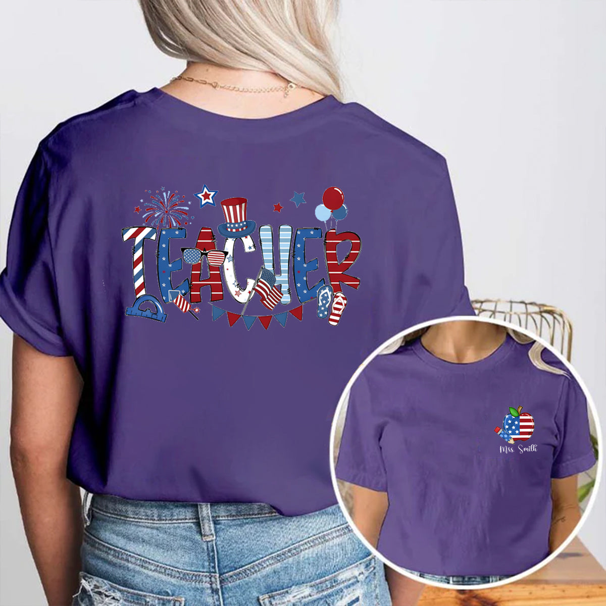 Personalized Name US Flag Apple Double Printed T-shirt