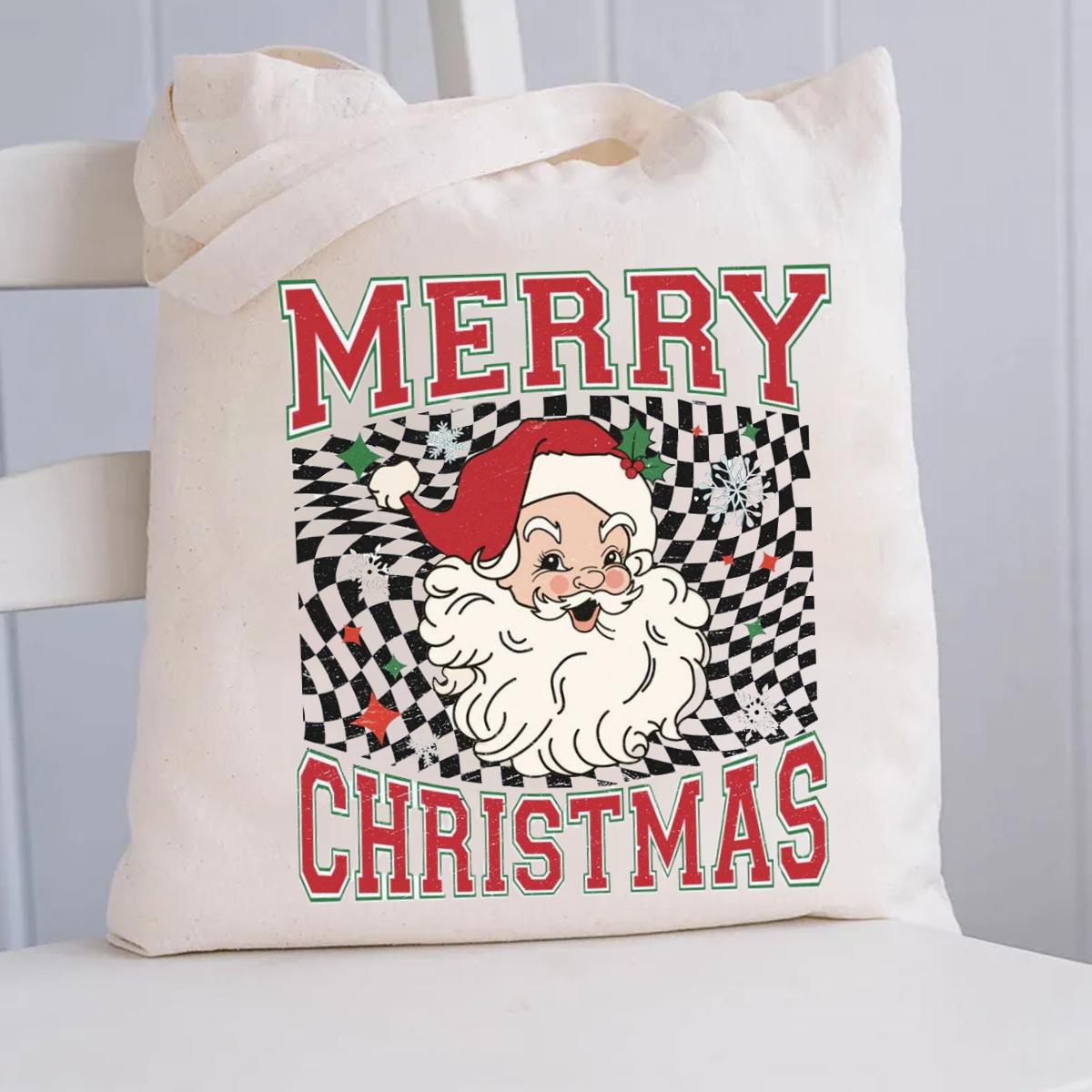 Merry Christmas Plaid Print Santa Canvas Tote Bag