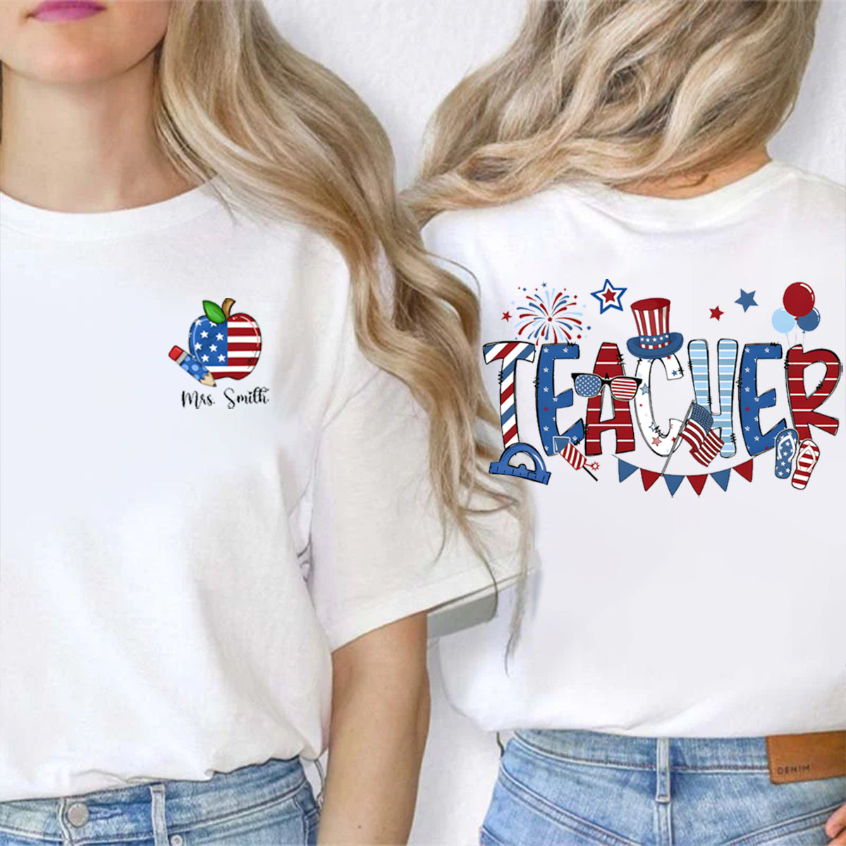 Personalized Name US Flag Apple Double Printed T-shirt