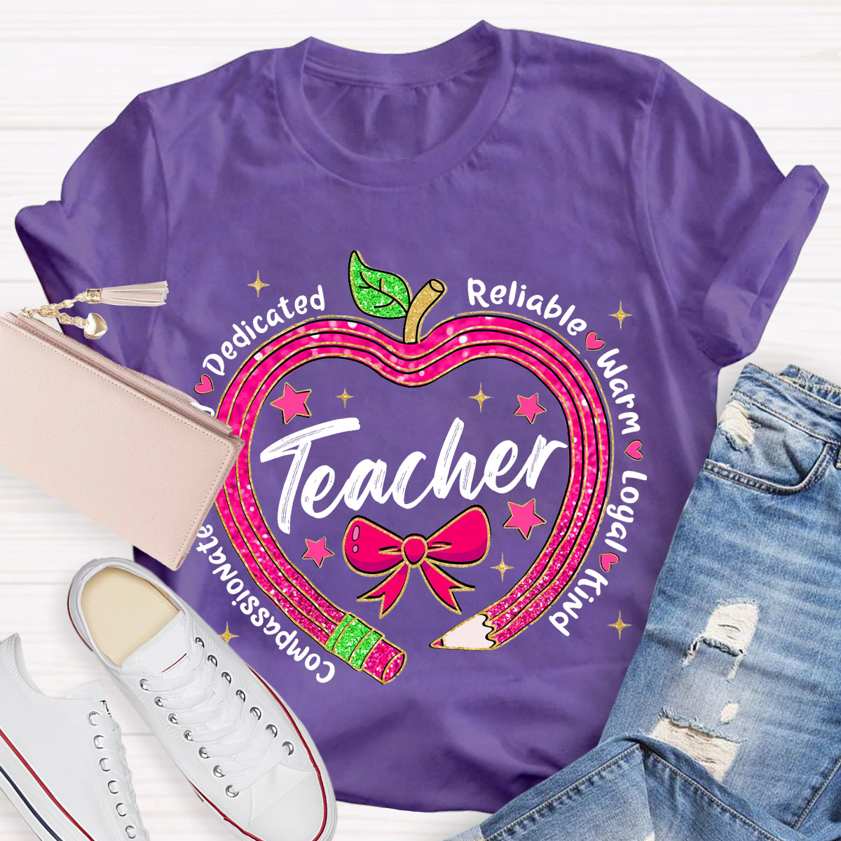 Reliable Warm Glitter Apple Pencil Heart Teacher T-Shirt