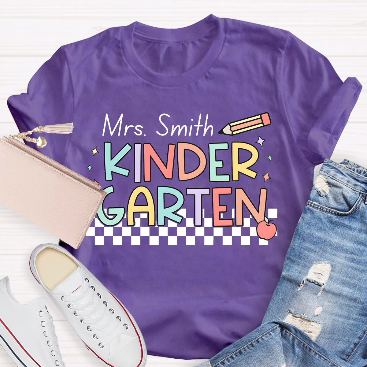 Personalized Name And Grade Checkerboard Teacher T-Shirt