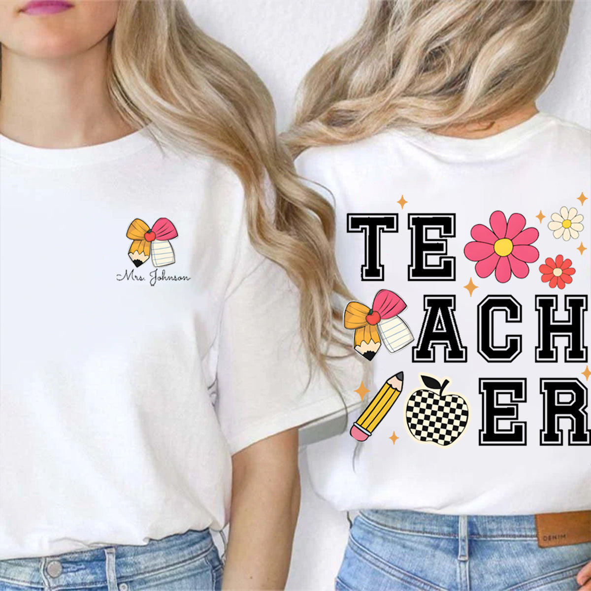 Personalized Name Pink Apple Bow Double Printed T-shirt