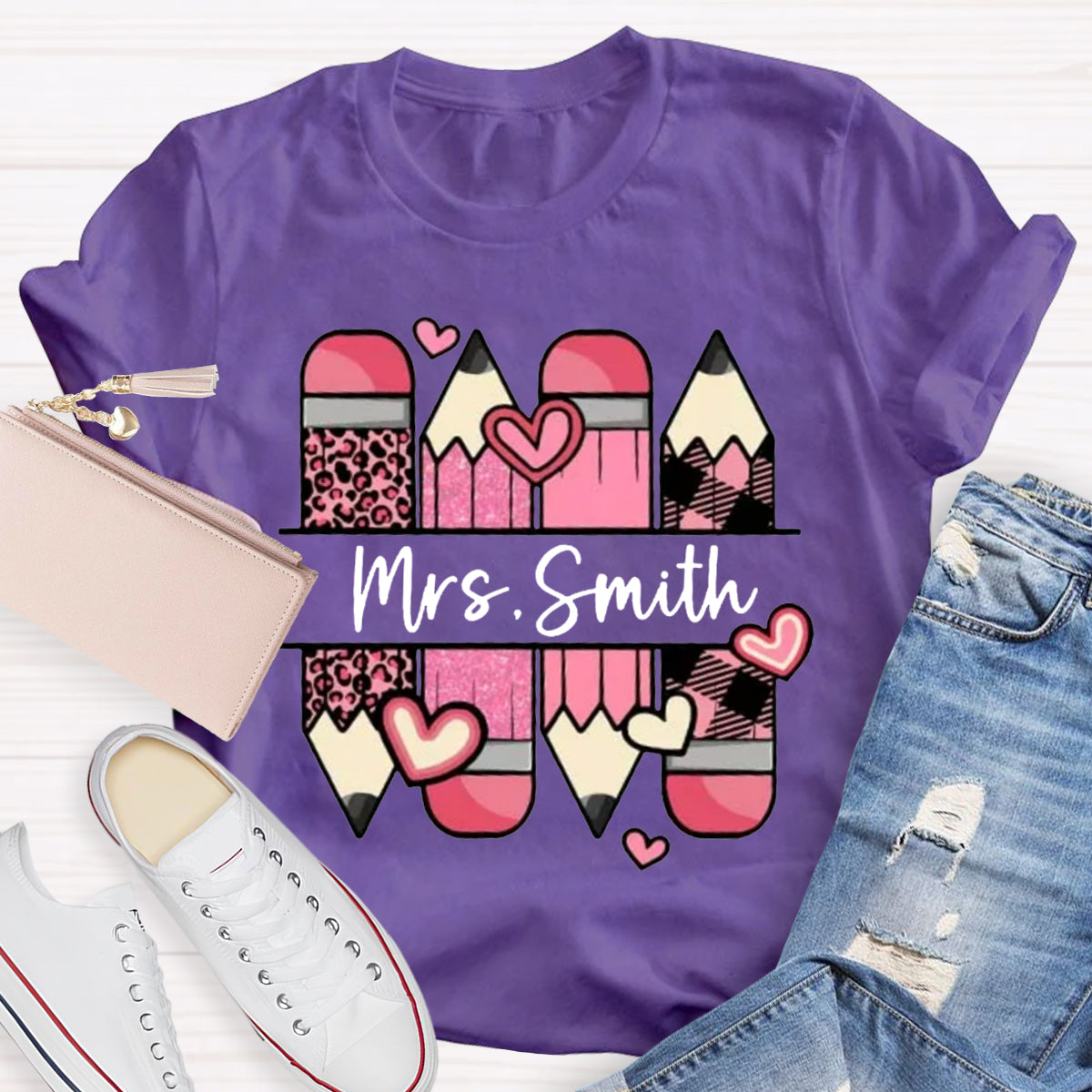 Personalized Name Pink Pencil Heart Mrs Smith T-Shirt
