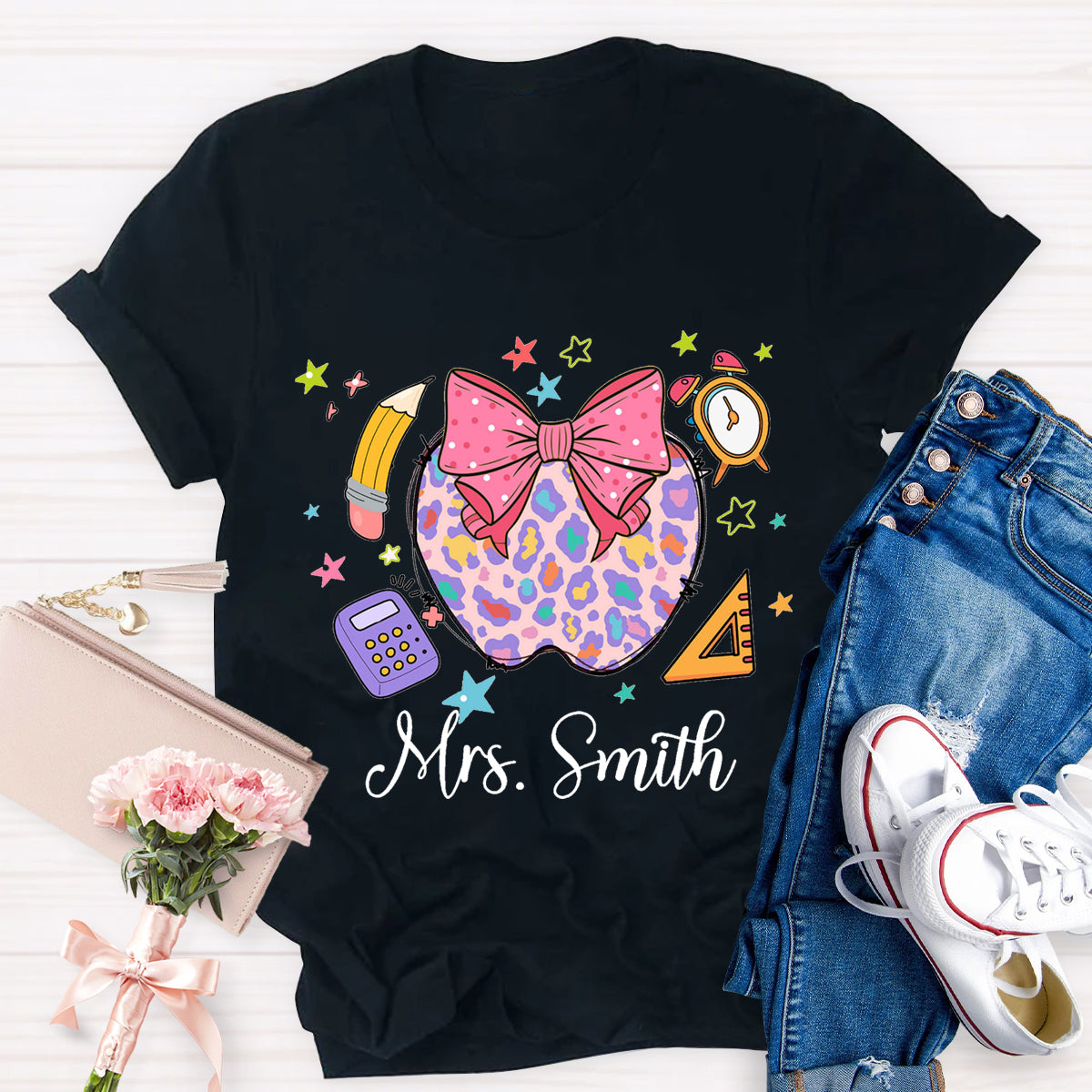 Personalized Name Leopard Apple Teacher T-Shirt