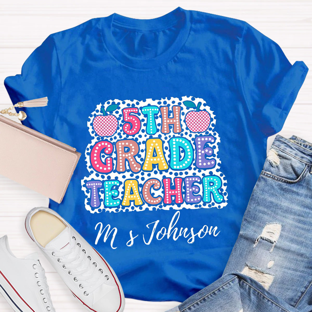 Personalized Name And Grade Checkerboard Apple Teacher T-Shirt