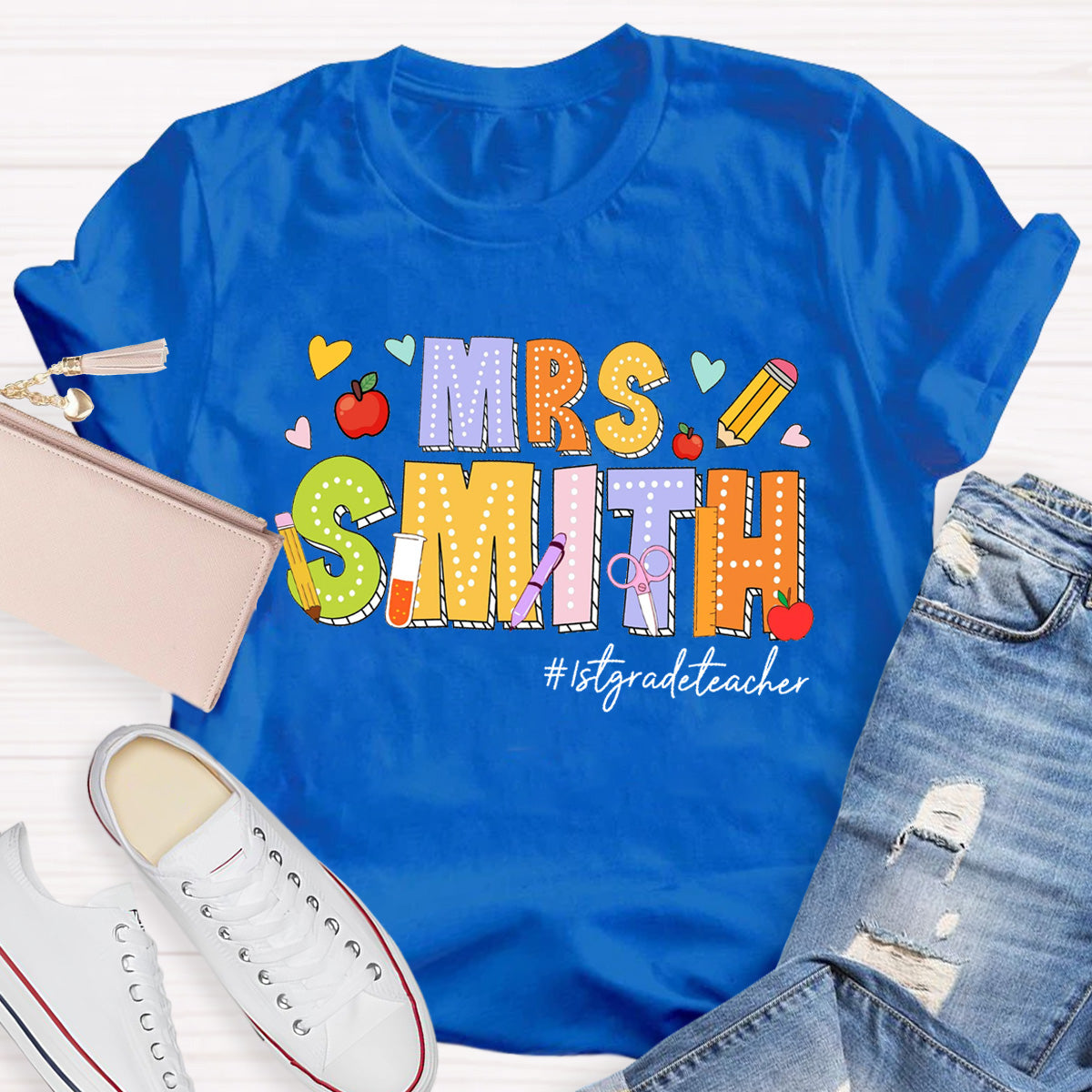 Personalized Name And Grade Heart Teacher T-Shirt