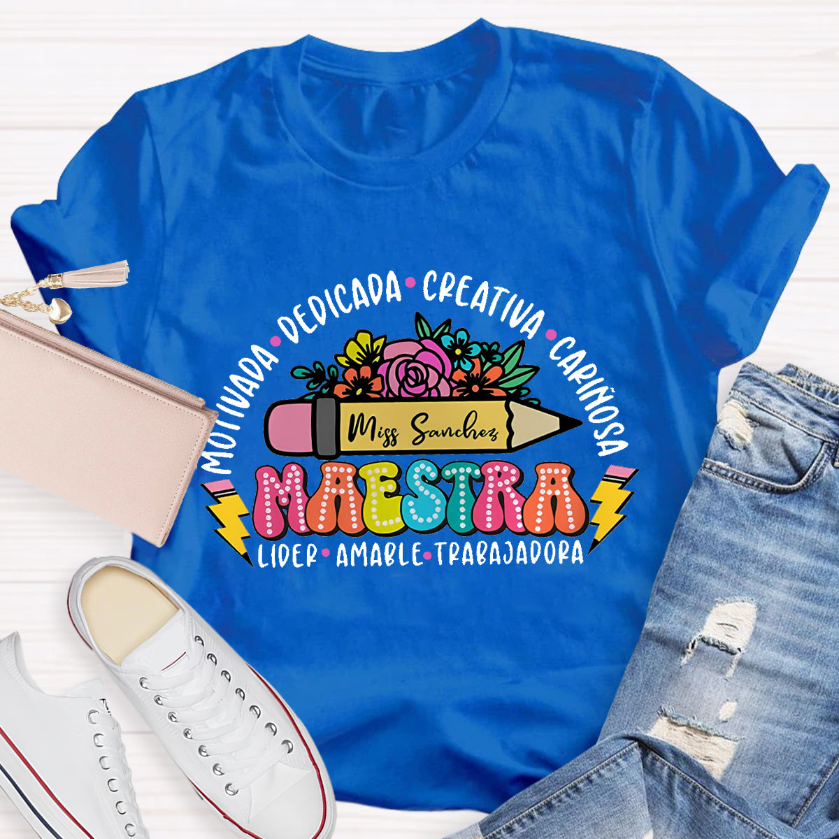 Personalize Name Maestra Pencil Teacher T-Shirt