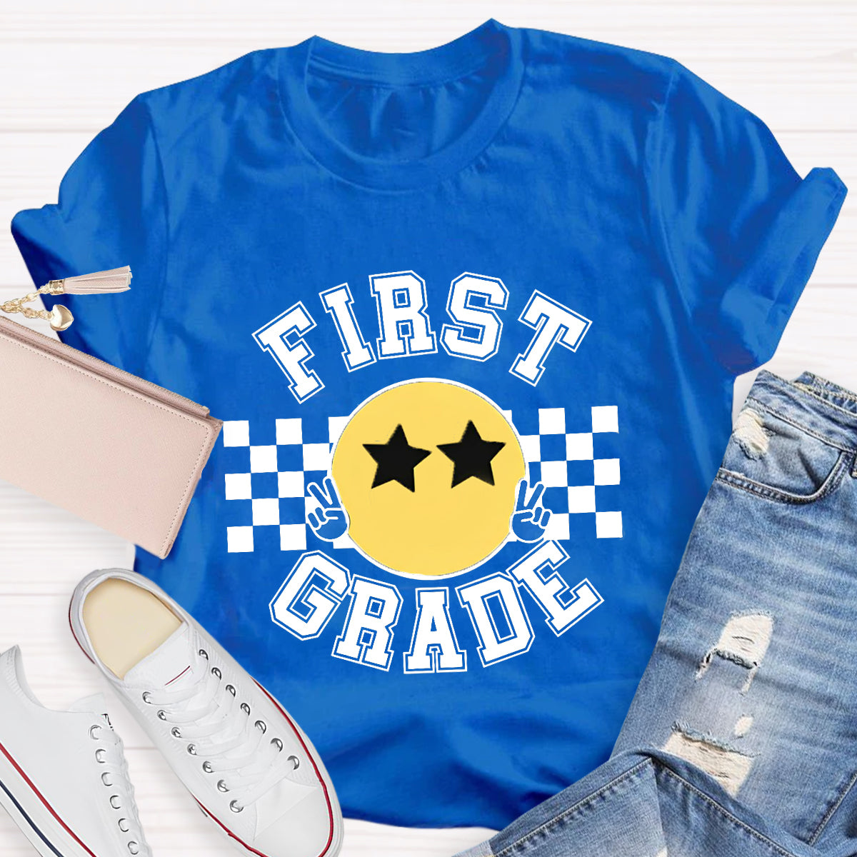 Personalized Grade Chessboard Pattern Teacher T-Shirt
