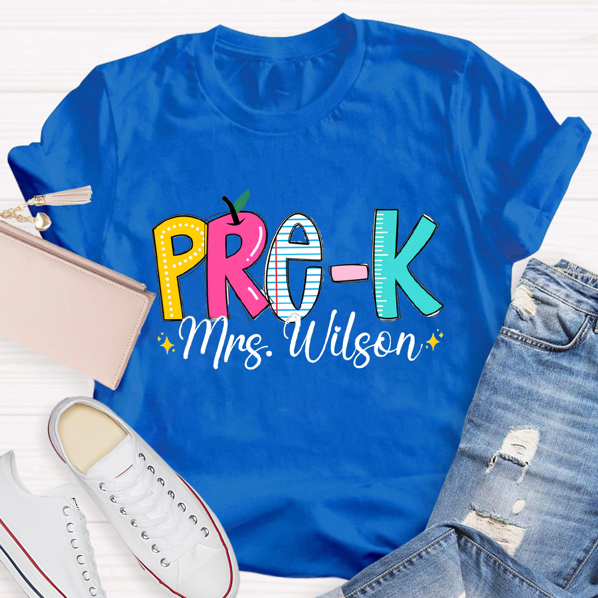 Personalized Grade And Teacher Name Apple Ruler Printed T-Shirt