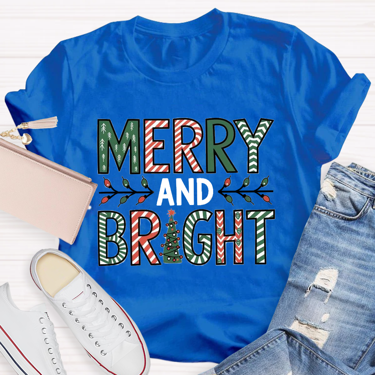 Merry And Bright Christmas Tree Teacher T-Shirt