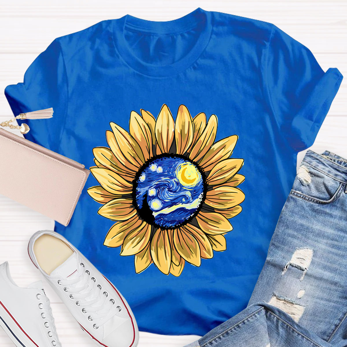 Starry Sky Art Sunflower Teacher T-Shirt