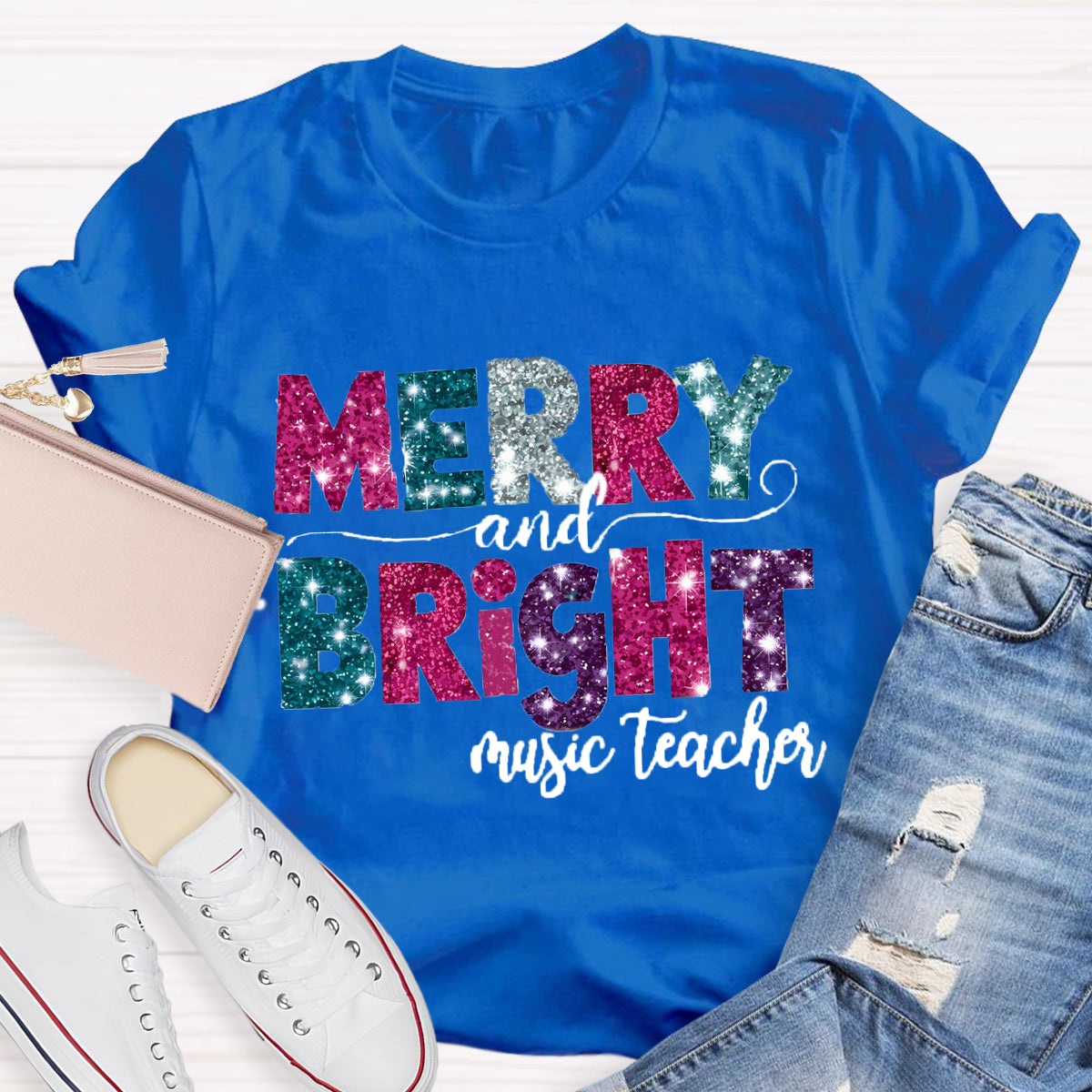 Personalized Subject Merry and Bright Teacher T-Shirt