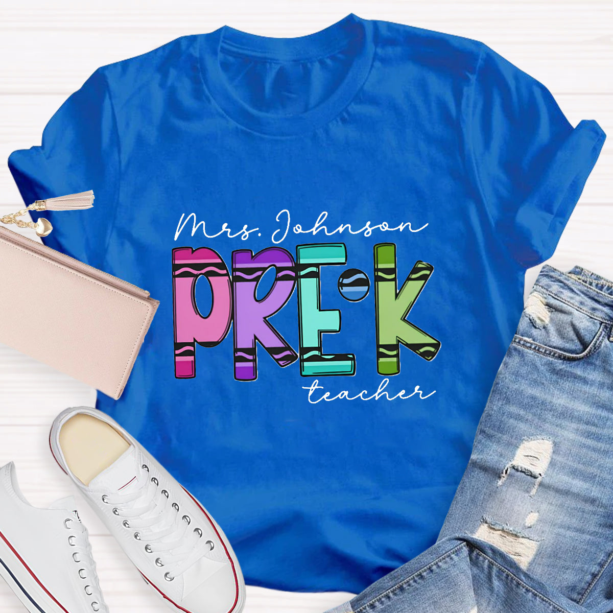 Personalized Grade And Name Crayon Teacher T-Shirt