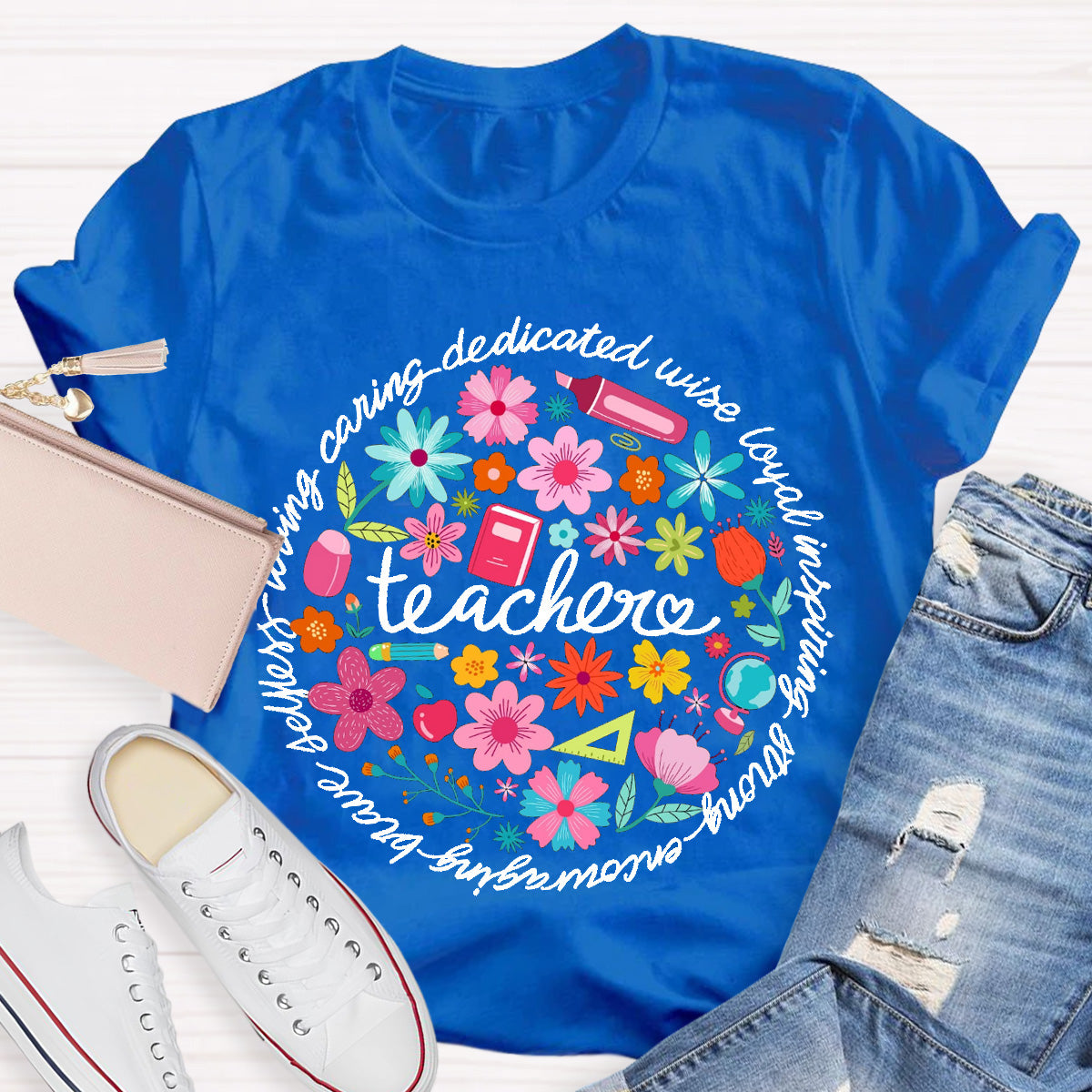 Loving Caring Dedicated Floral Teacher T-Shirt