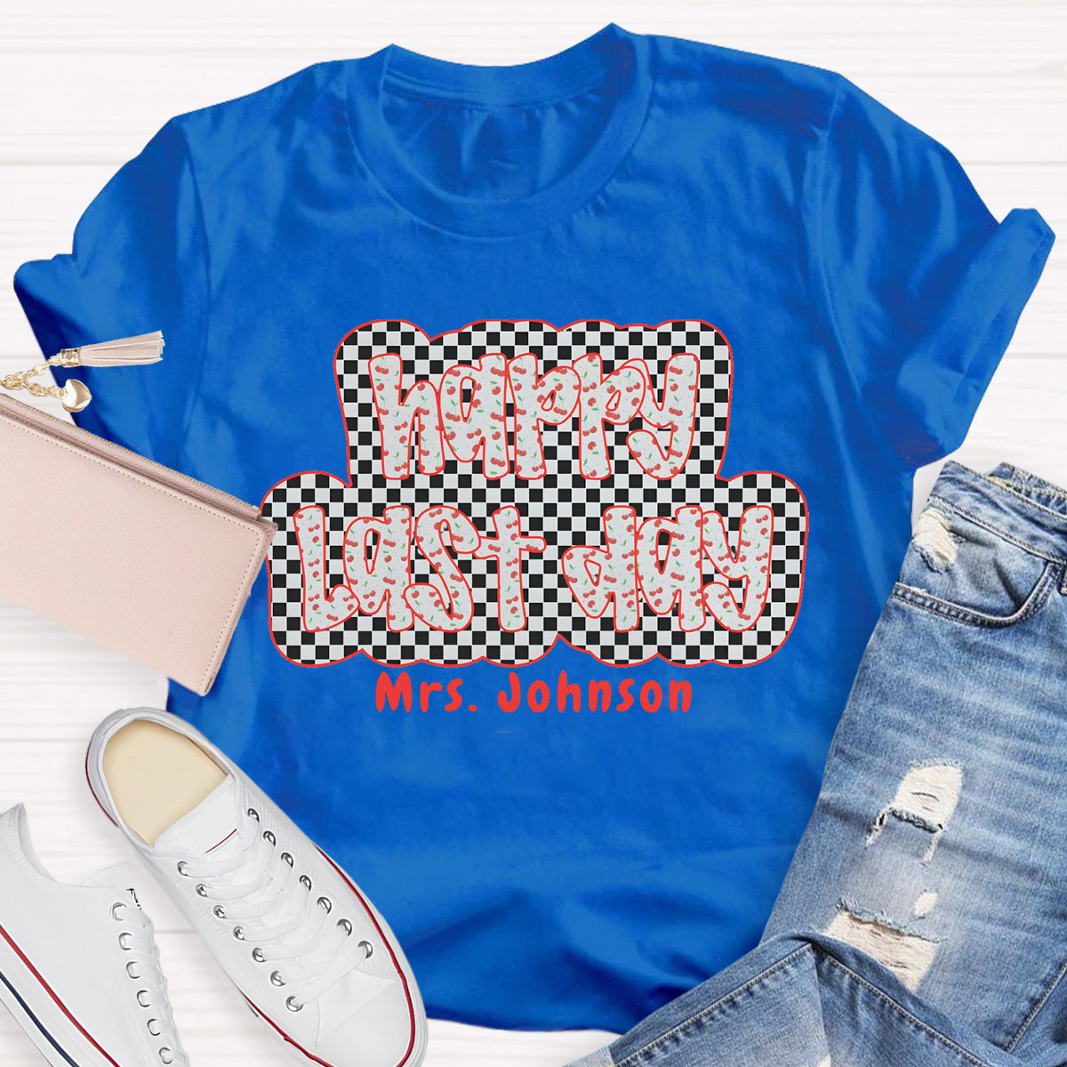 Personalized Name Happy Last Day Checkerboard T-Shirt