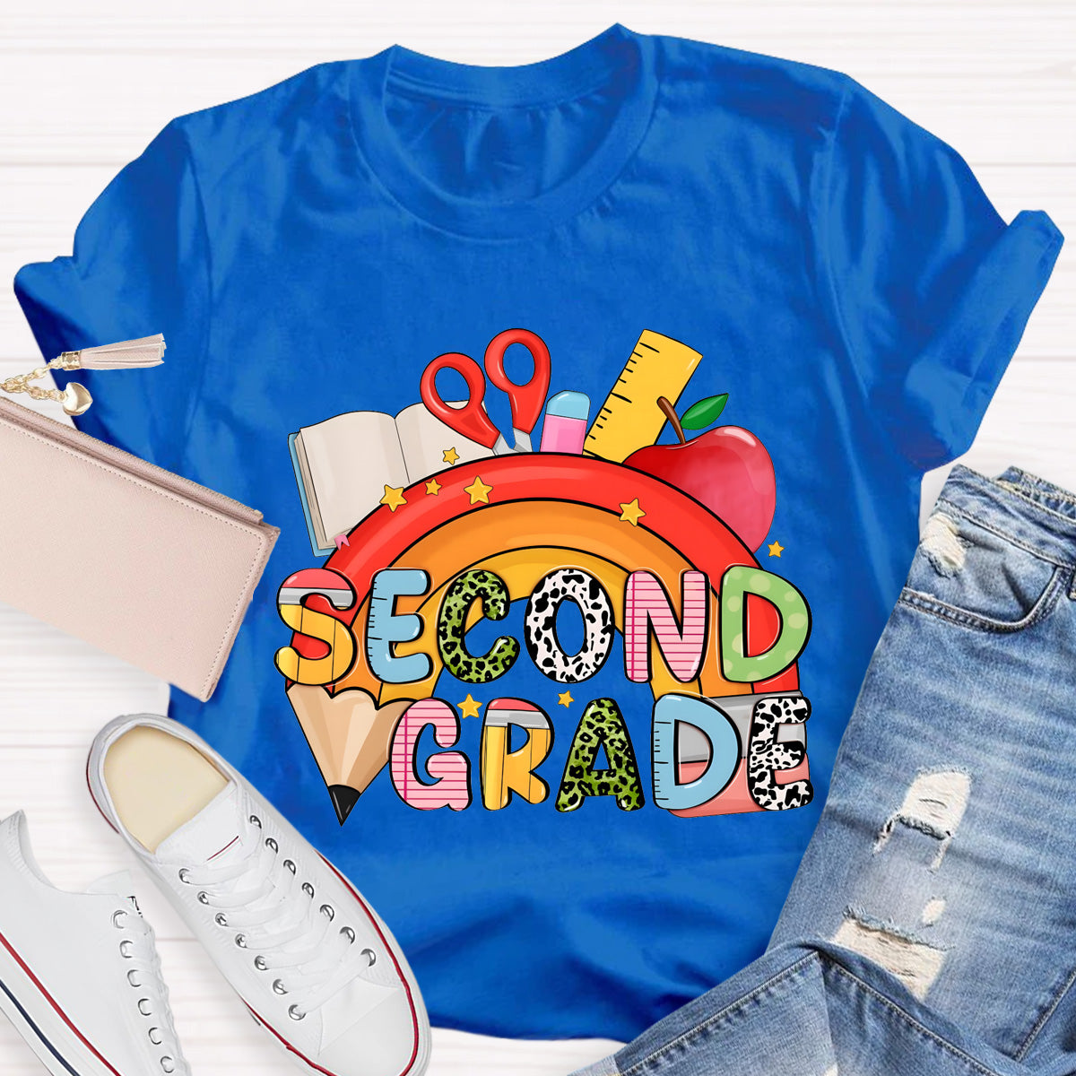 Personalized Grade Pencil Rainbow Second Grade Teacher T-Shirt