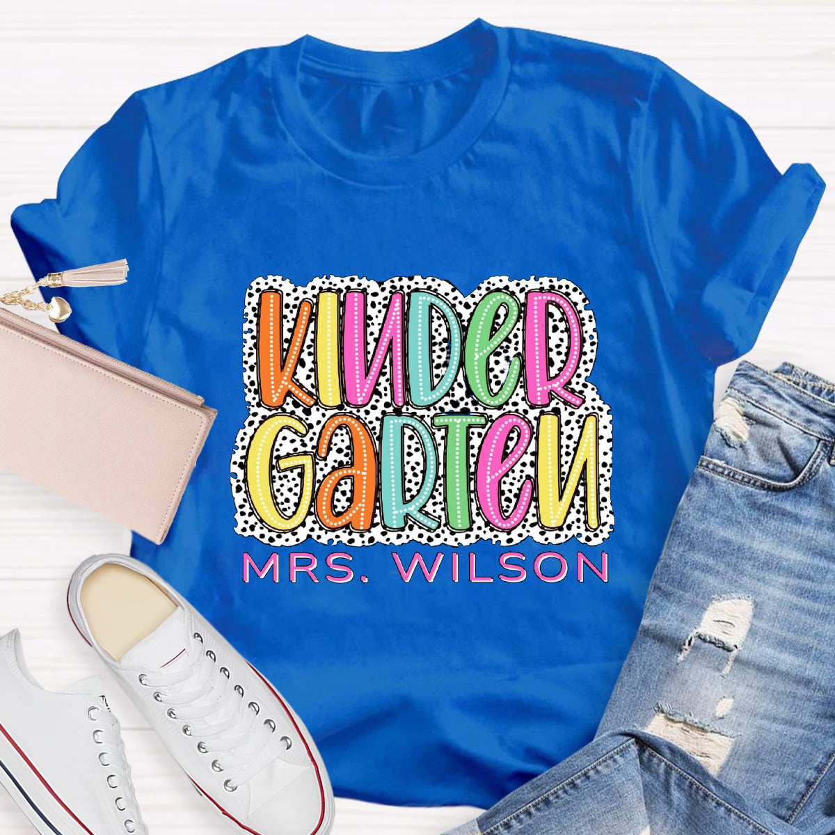 Personalized Name And Grade Neon Lights And Polka Dots Teacher T-Shirt