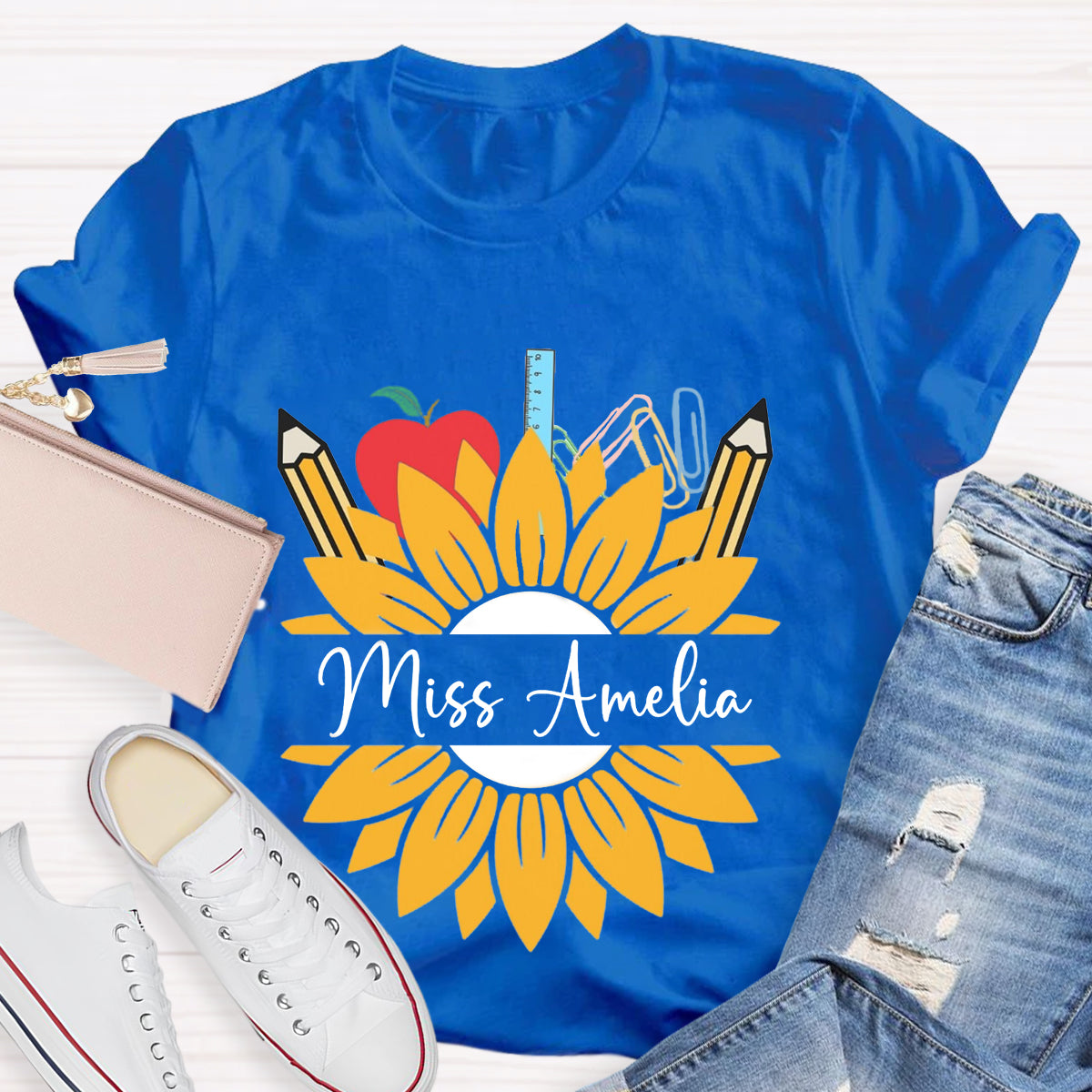 Personalized Name Sunflower Apple Pencil Teacher T-Shirt