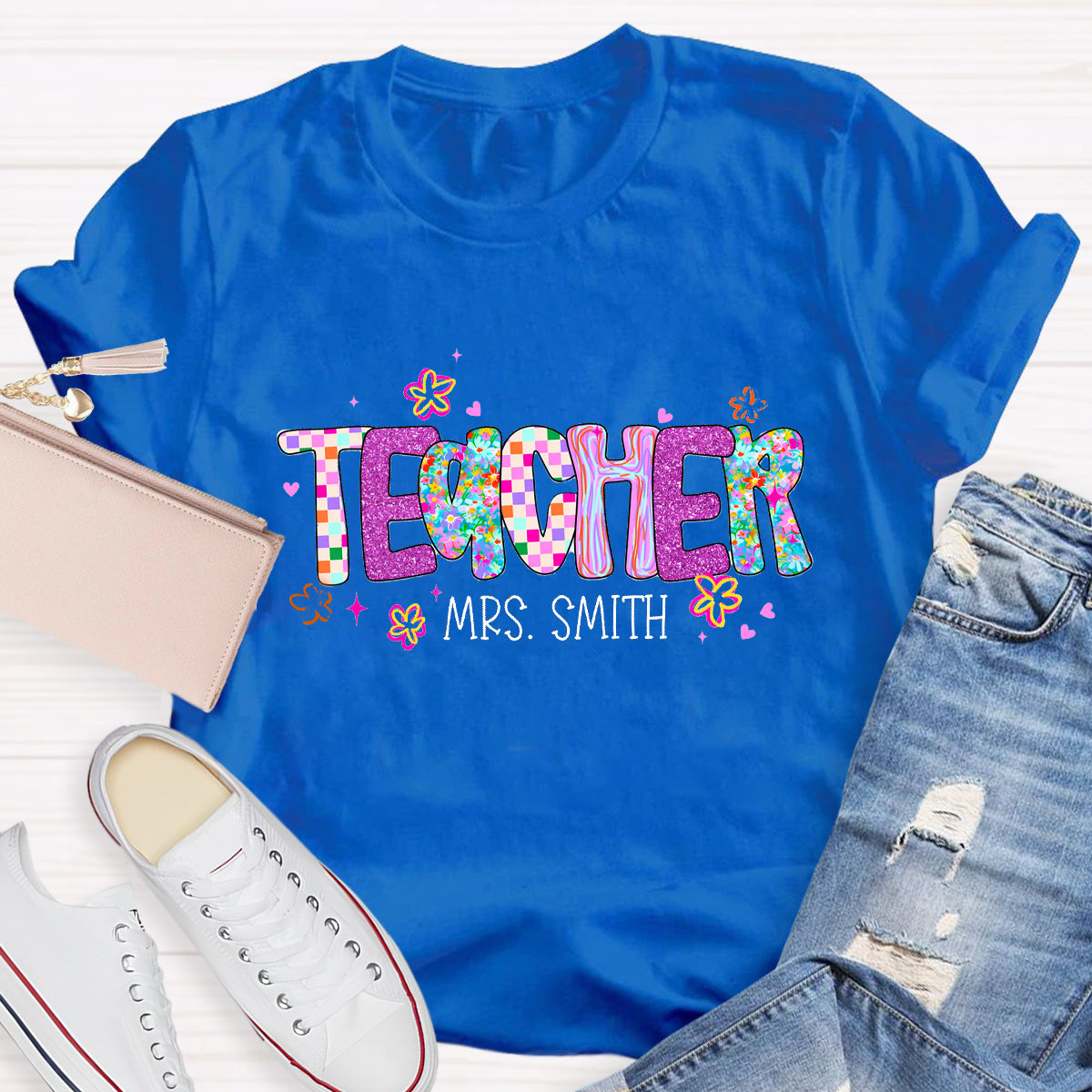 Personalized Teacher Name Pink Plaid T-Shirt