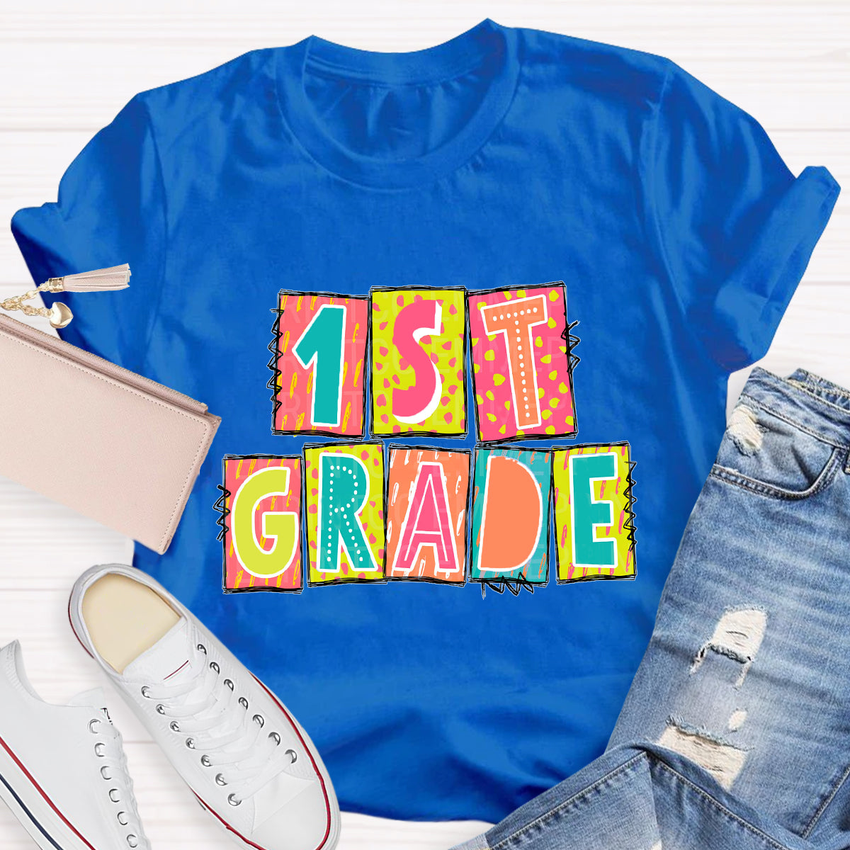Personalized Grade Personalized Color Block 1st Grade Teacher T-Shirt