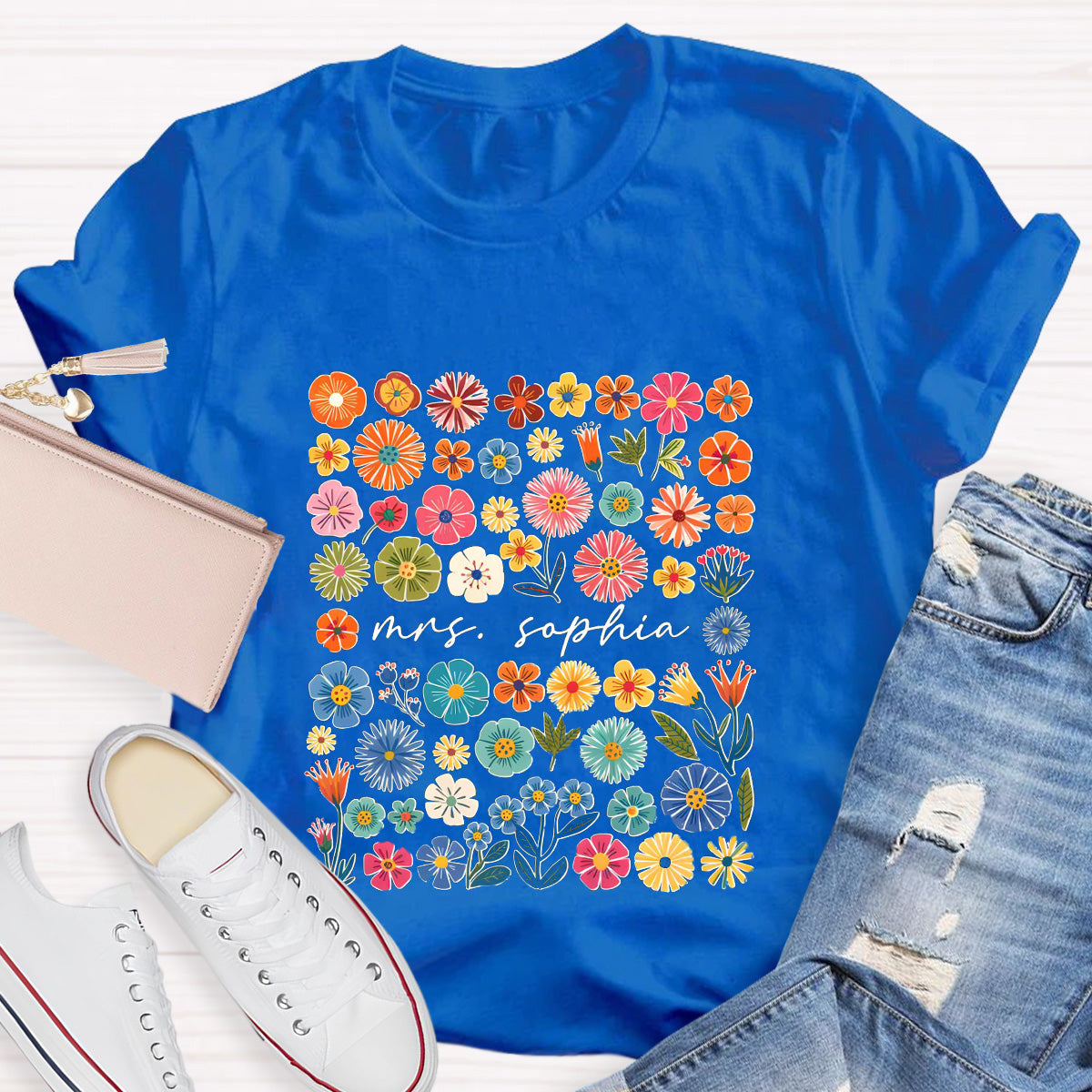 Personalized Name Pink Flowers Teacher T-Shirt