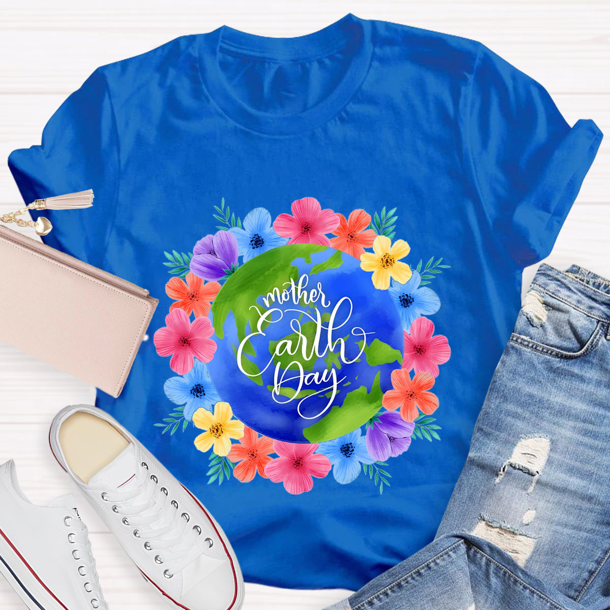 Blue Earth Day Floral Teacher T-Shirt